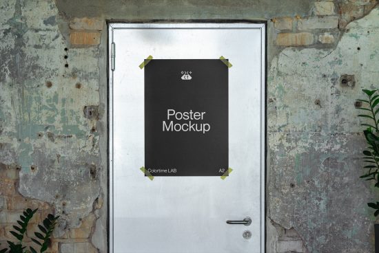 Urban poster mockup taped to a grungy door, showcasing A2 graphic display for branding in a realistic setting, perfect for designers' presentations.